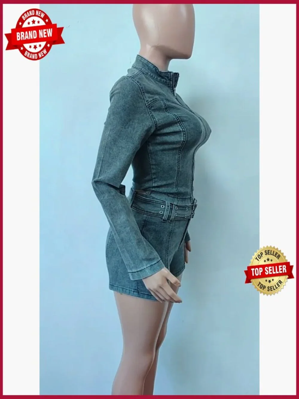Women's 2 Piece Denim Shorts Set Long Sleeve Zip Up Jacket High Waist Shorts